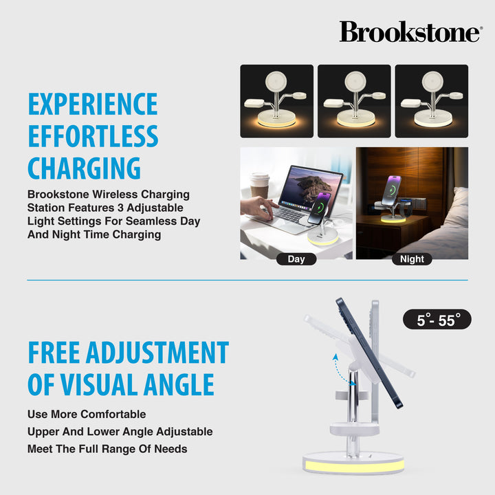 Brookstone 3-in-1 Wireless Charging Station Magnetic Charging Fast Wireless Charger Stand for iPhone 15,14,13,12 Pro Max Series, All iWatch Series & Android Phone with Qi Charging