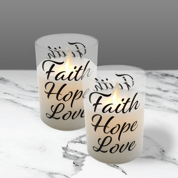 Battery Operated Glass LED Candles with Moving Flame, Faith Hope Love