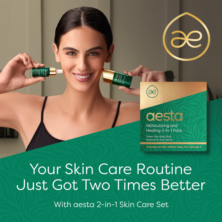 Aesta Green Tea Mask Stick + Hyaluronic Acid Serum for Face Treatment | Gradual Blackhead Remover | Pore-Cleaning, Detoxifying Face Mask, Skin Care Face Serum W/ Anti Aging and Anti Wrinkle Effects