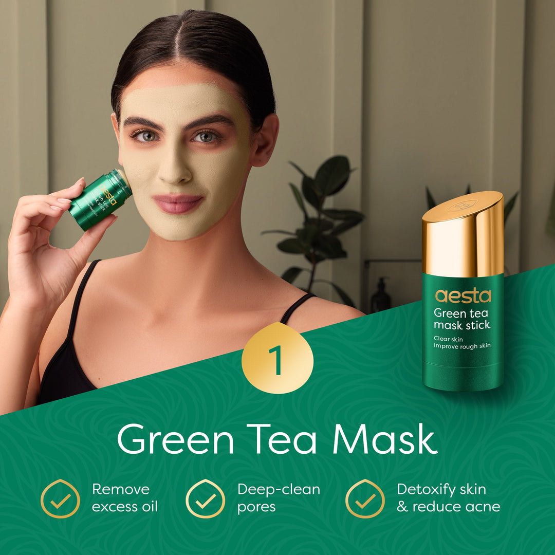 Aesta Green Tea Mask Stick + Hyaluronic Acid Serum for Face Treatment | Gradual Blackhead Remover | Pore-Cleaning, Detoxifying Face Mask, Skin Care Face Serum W/ Anti Aging and Anti Wrinkle Effects