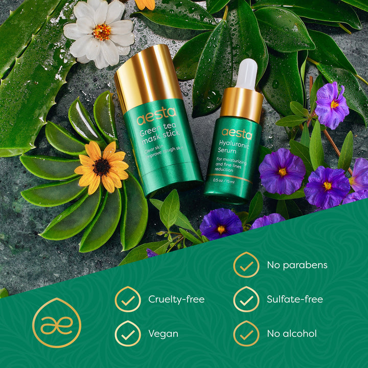 Aesta Green Tea Mask Stick + Hyaluronic Acid Serum for Face Treatment | Gradual Blackhead Remover | Pore-Cleaning, Detoxifying Face Mask, Skin Care Face Serum W/ Anti Aging and Anti Wrinkle Effects