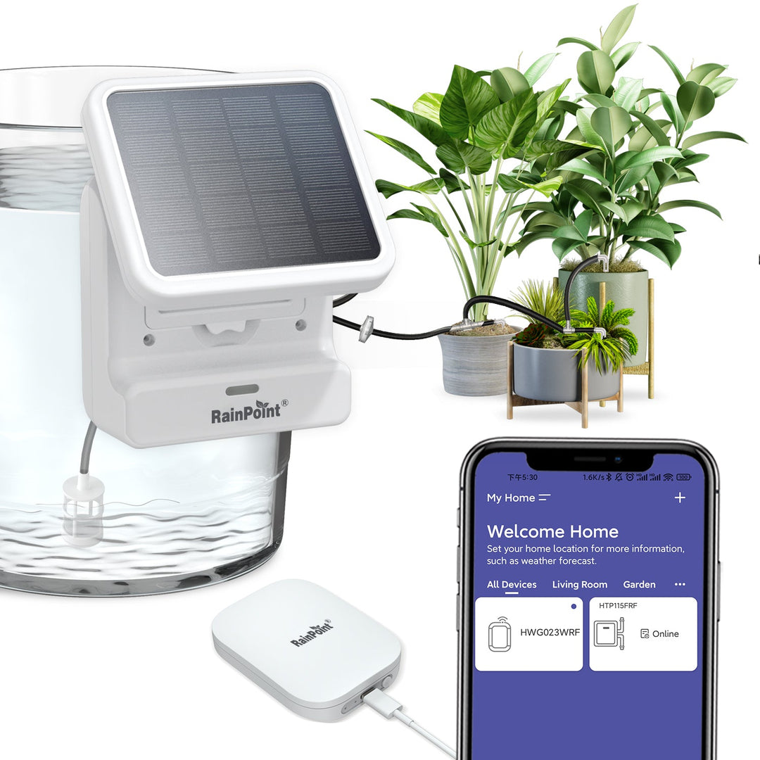 house plant watering device RainPoint Wi-Fi Indoor Watering Timer – Solar Pump & Smart Scheduling for House Plants