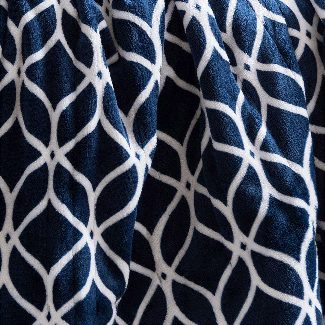 Close-up of the navy trellis pattern on the Brookstone heated plush throw.