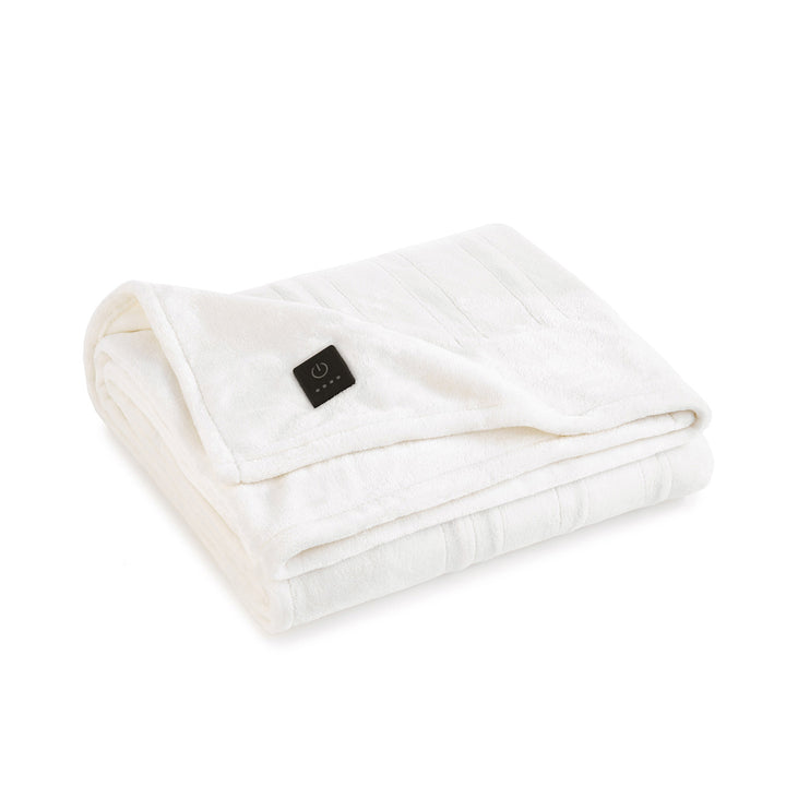 Ivory oversized heated throw blanket folded with built-in control button.