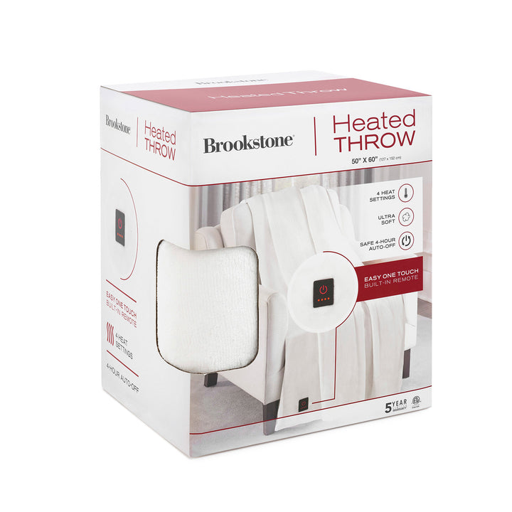 Packaging of Brookstone Oversized Heated Throw in ivory with built-in one-touch control.