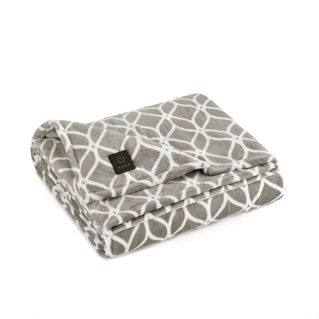 Folded taupe trellis Brookstone heated plush throw with built-in power button on a white background.