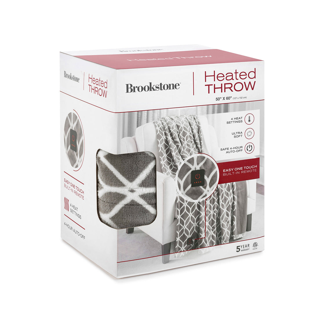 Packaging of Brookstone taupe heated plush throw with trellis pattern and built-in one-touch remote.