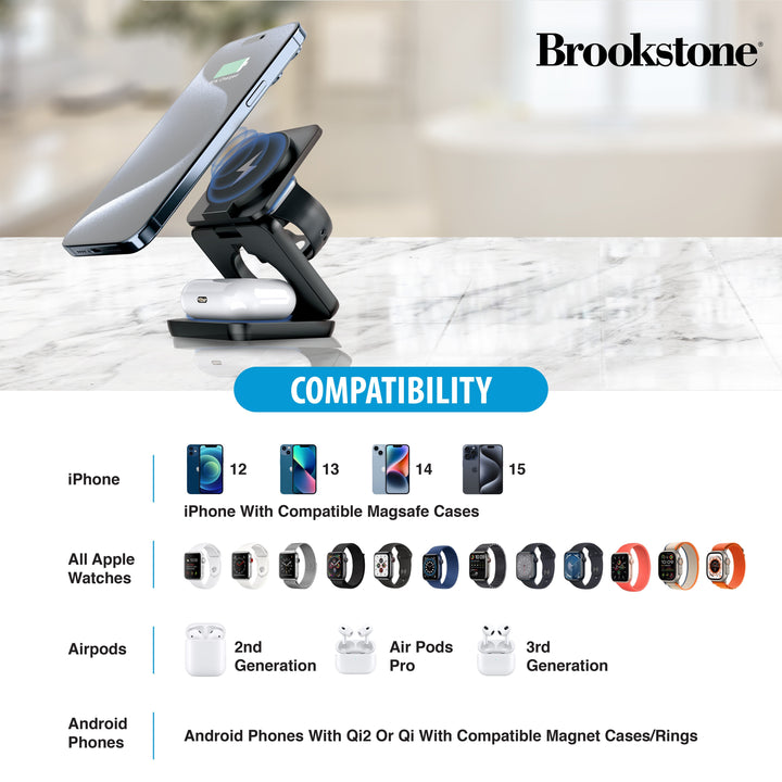 Brookstone Ultra Compact Foldable 3-in-1 Wireless Charging Station