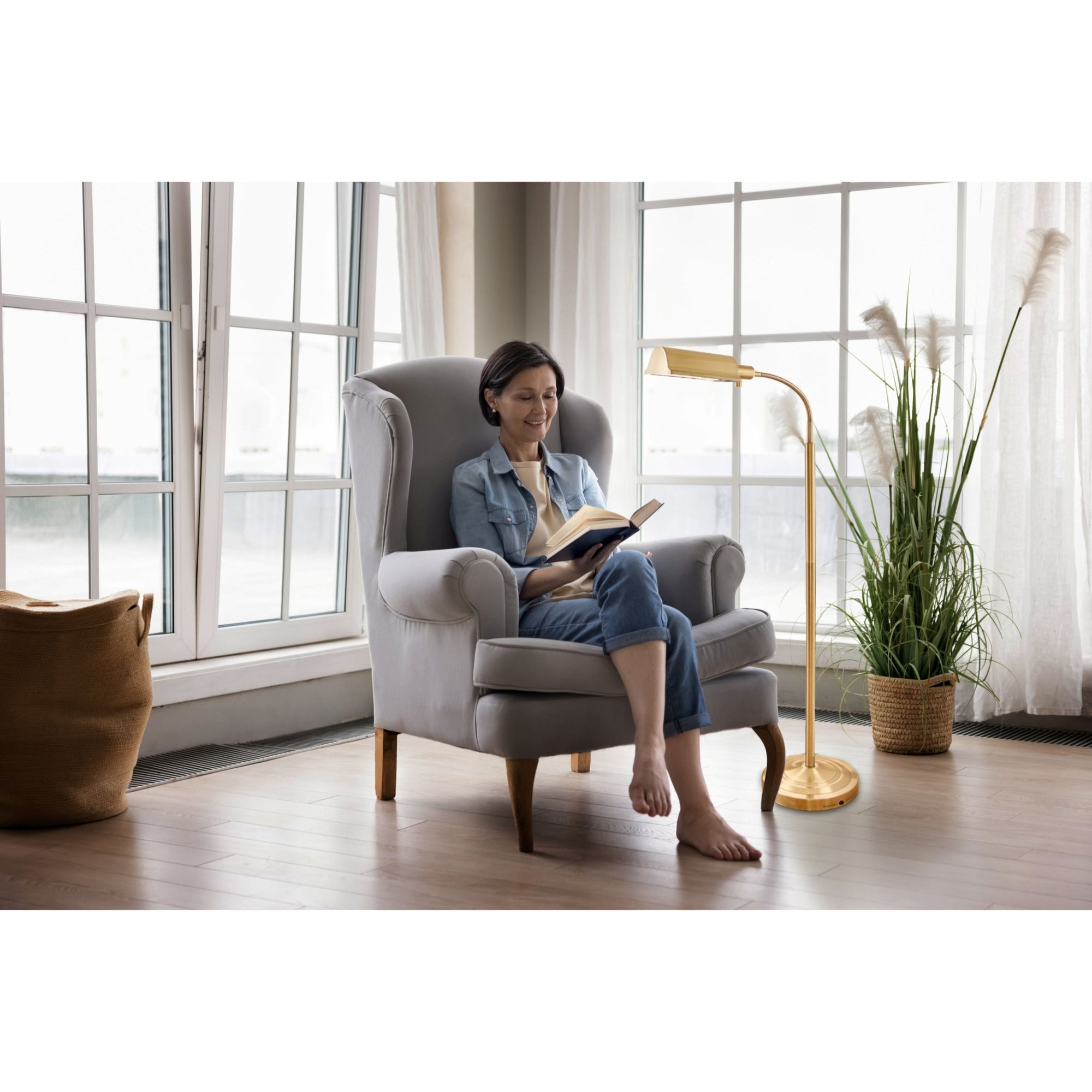 Natural Daylight Cordless LED Reading Floor Lamp - Antique Brass
