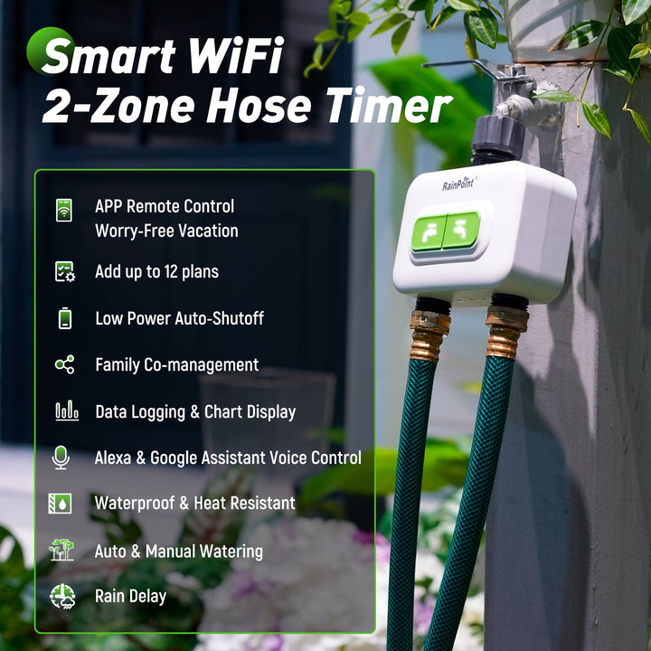 2-Zone Wireless Smart Water Timer with Hub for Outdoor Irrigation