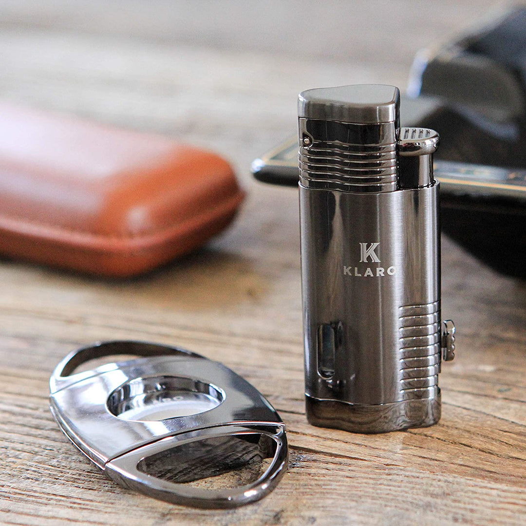 Cigar Accessory Kit Polished Gunmetal Finish Cutter & Torch Lighter by Case Elegance