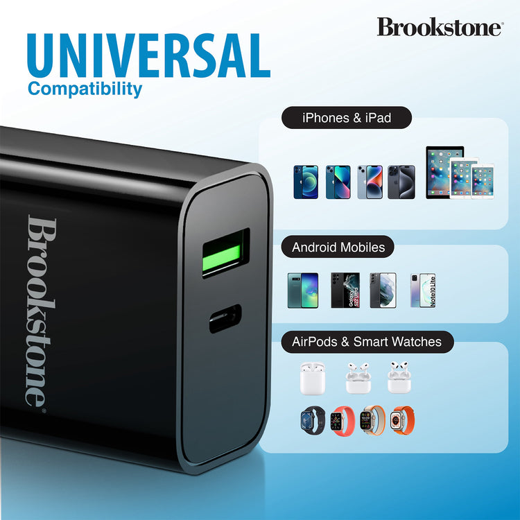 Brookstone Dual Port Fast Charging Adapter with 1 USB Type C & 1 USB A 20W Rapid Wall Charger For iPhone, Tablet, AirPods, Android, Smart Watches | Double Charger Block