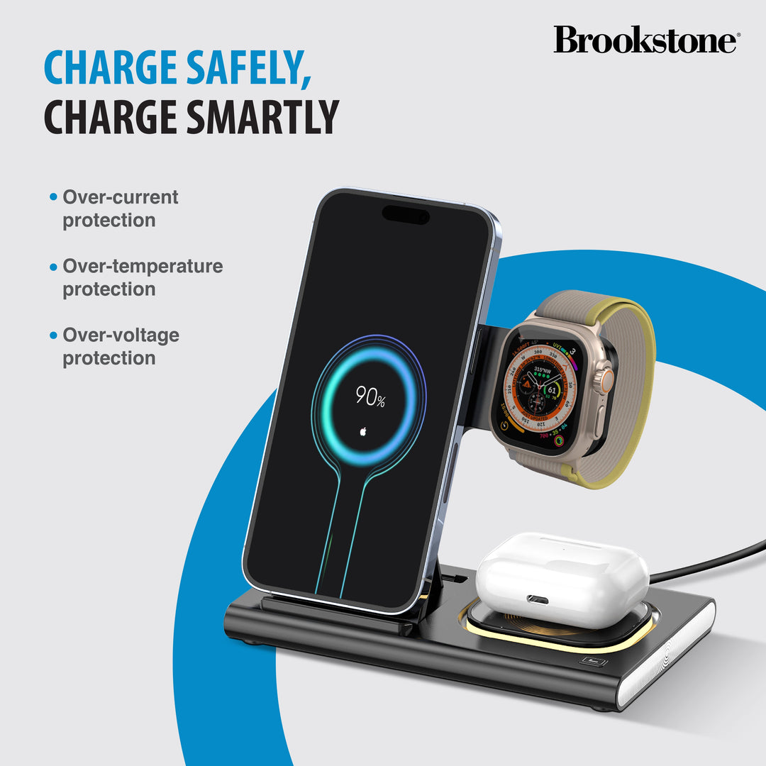 Brookstone 3-in-1 Wireless Charger Stand Fast Charging Station for iPhone 15,14,13,12 Pro Max Series, All iWatch Series, | iPhone Wireless Charging Station…