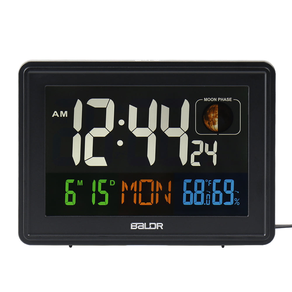 BALDR Atomic Alarm Clock with color backlit display, ideal for bedrooms and offices. Features include atomic RCC receiving function for automatic time setup, easy-to-read large display showing time, day, temperature, and vivid moon phases. Sharp LCD display with adjustable brightness ensures visibility day or night without sleep disruptions. Convenient snooze function, reliable battery backup, and automatic daylight saving time adjustment for hassle-free use. A versatile addition to any room for clear time.