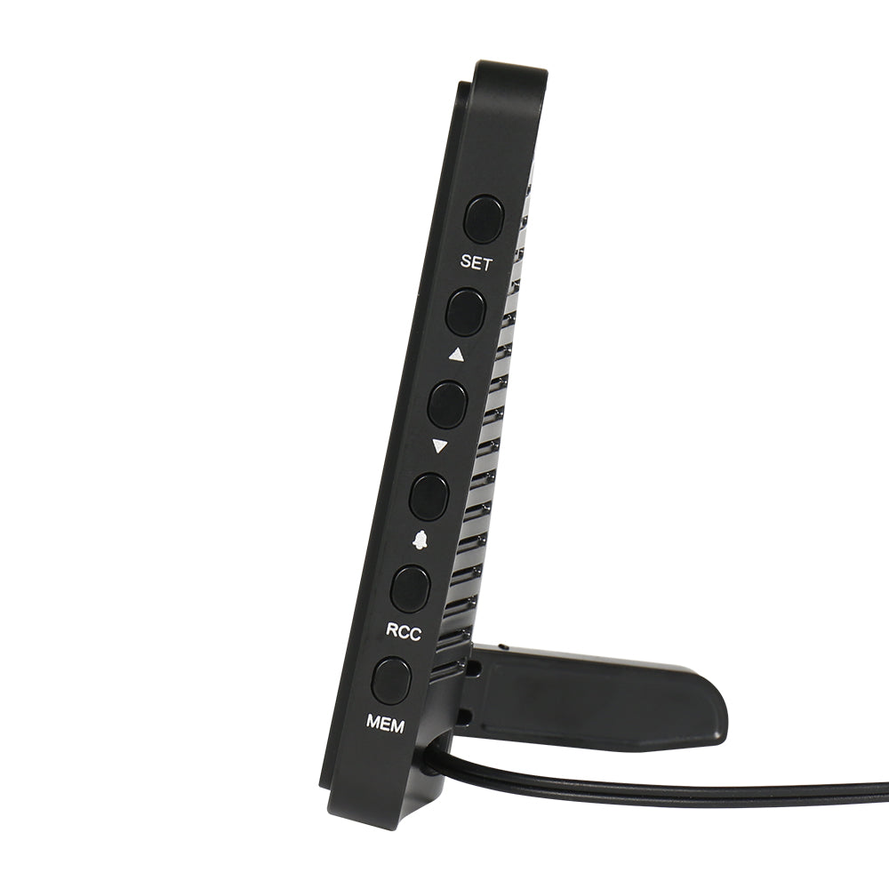 BALDR Atomic Alarm Clock with color backlit display, ideal for bedrooms and offices. Features include atomic RCC receiving function for automatic time setup, easy-to-read large display showing time, day, temperature, and vivid moon phases. Sharp LCD display with adjustable brightness ensures visibility day or night without sleep disruptions. Convenient snooze function, reliable battery backup, and automatic daylight saving time adjustment for hassle-free use. A versatile addition to any room for clear timek