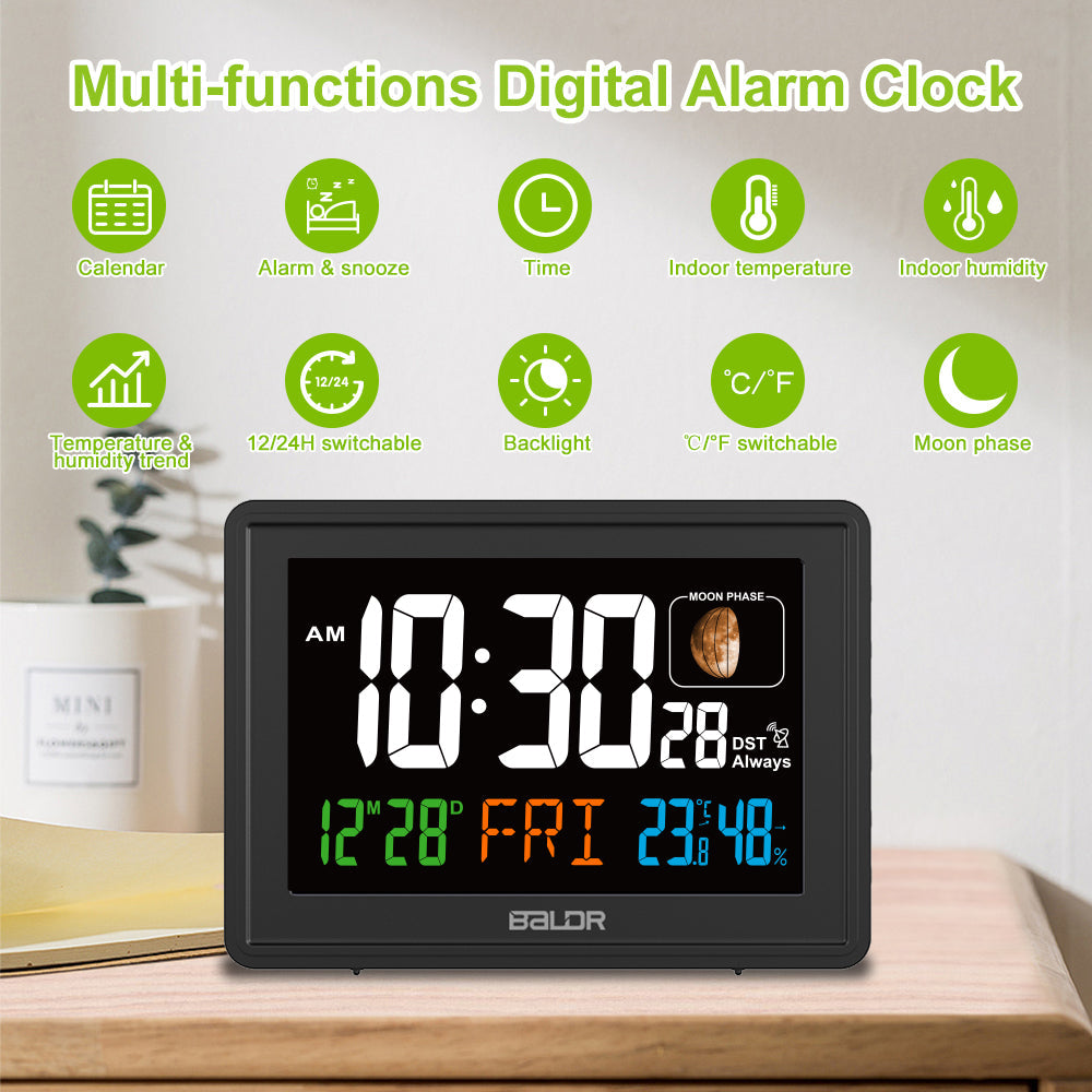 BALDR Atomic Alarm Clock with color backlit display, ideal for bedrooms and offices. Features include atomic RCC receiving function for automatic time setup, easy-to-read large display showing time, day, temperature, and vivid moon phases. Sharp LCD display with adjustable brightness ensures visibility day or night without sleep disruptions. Convenient snooze function, reliable battery backup, and automatic daylight saving time adjustment for hassle-free use. A versatile addition to any room for clear timek