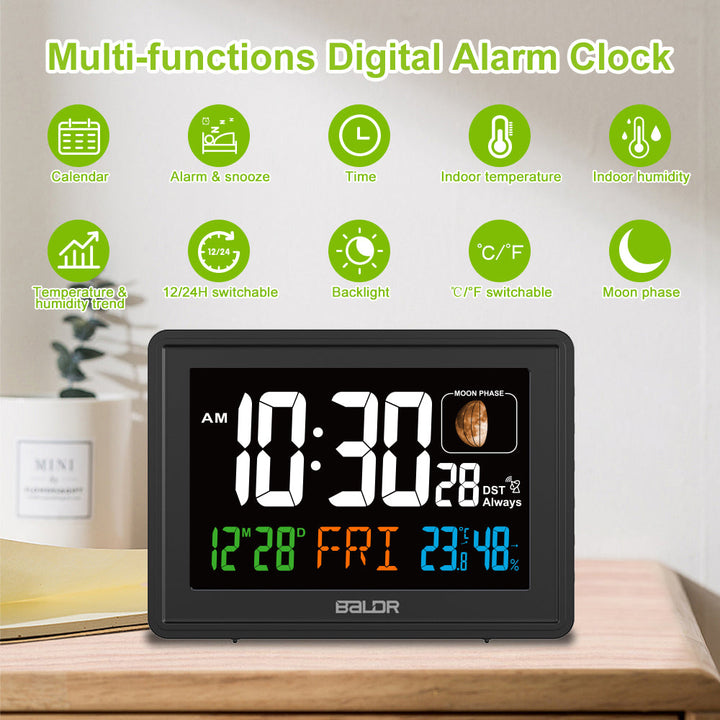 BALDR Atomic Alarm Clock with color backlit display, ideal for bedrooms and offices. Features include atomic RCC receiving function for automatic time setup, easy-to-read large display showing time, day, temperature, and vivid moon phases. Sharp LCD display with adjustable brightness ensures visibility day or night without sleep disruptions. Convenient snooze function, reliable battery backup, and automatic daylight saving time adjustment for hassle-free use. A versatile addition to any room for clear timek