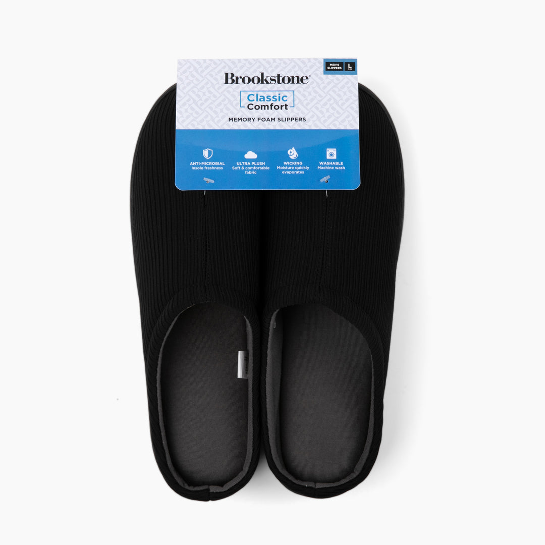 Black socks with a Brookstone label on a white background