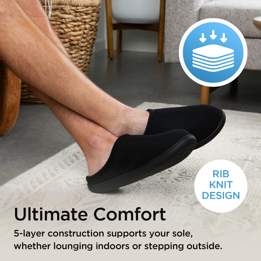 Person wearing black slippers with text about comfort and rib knit design.