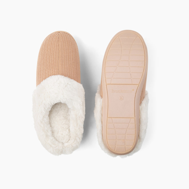 Camel-colored memory foam slippers with a textured upper and plush white faux-fur lining, shown from the top and bottom to highlight the cozy interior and non-slip sole.
