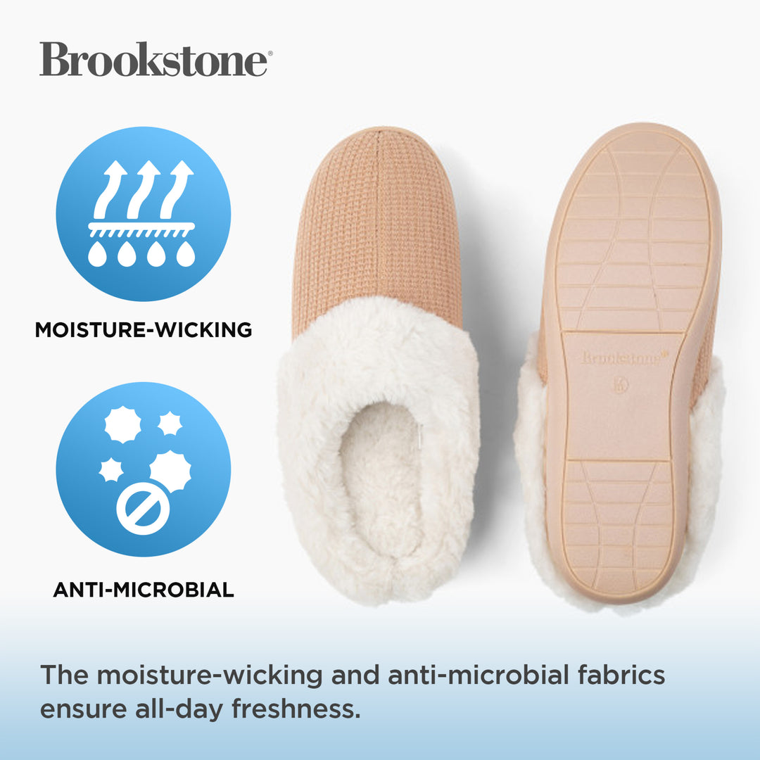 Pair of slippers with moisture-wicking and anti-microbial features on a light blue background, featuring the Brookstone brand.