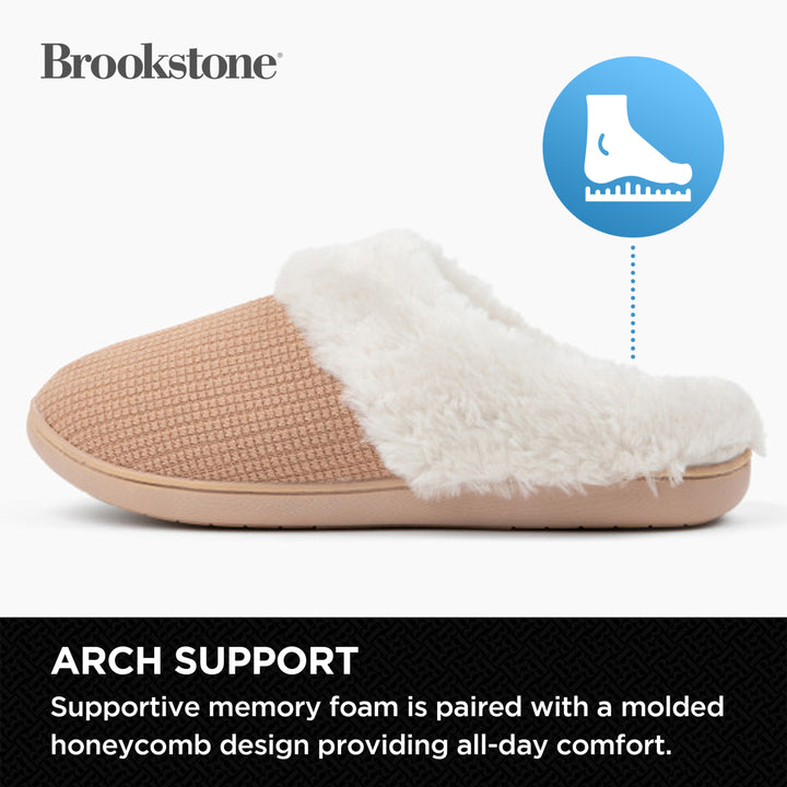 Beige slipper with white fur lining on a white background, featuring Brookstone branding.