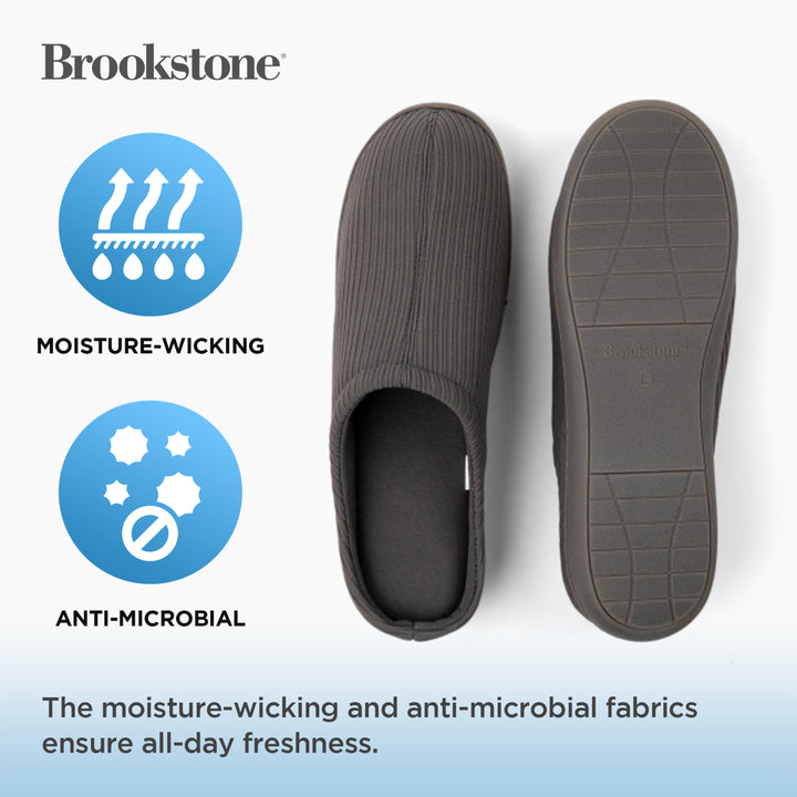 Gray slip-on shoe with moisture-wicking and anti-microbial features on a white background, featuring the Brookstone brand.