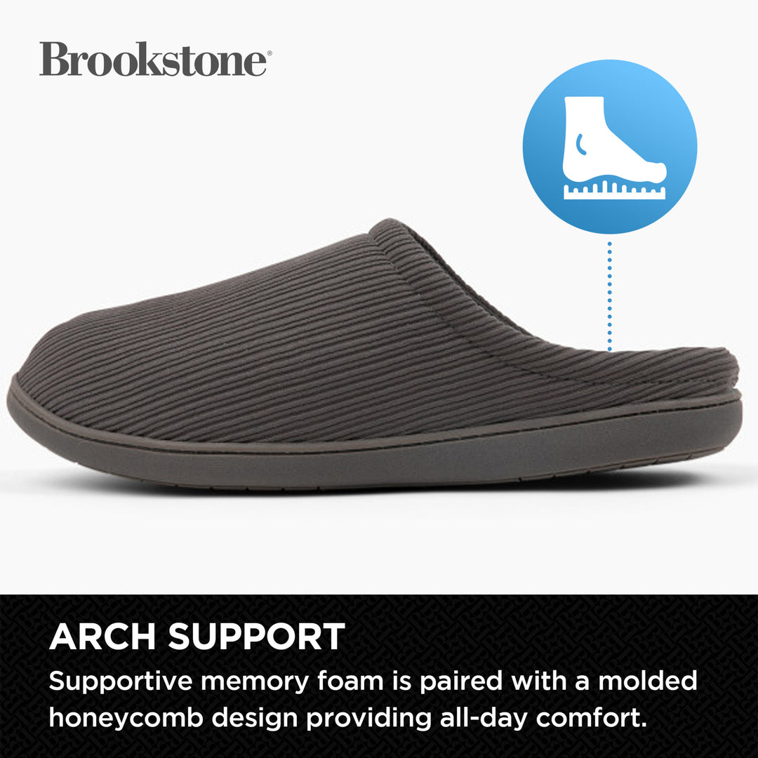 Gray slipper with arch support feature on a white background, featuring Brookstone branding.