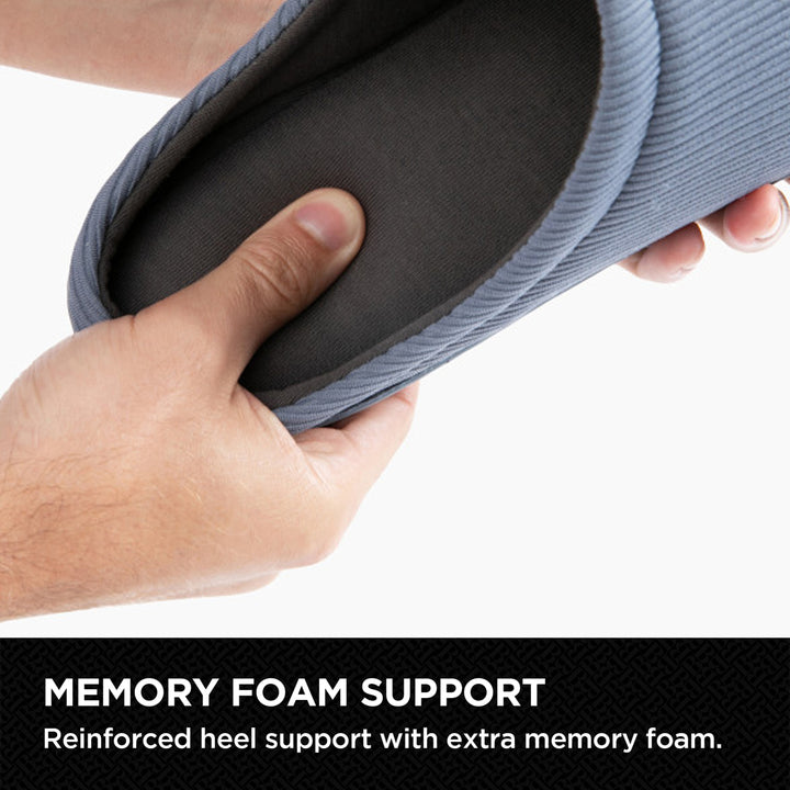 Hand holding a shoe with memory foam support on a white background