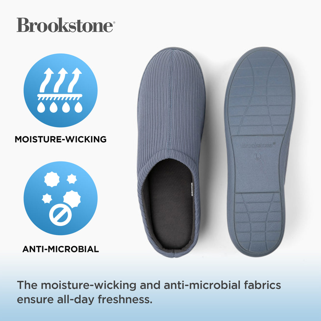Blue slip-on shoe with moisture-wicking and anti-microbial features on a light blue background, featuring the Brookstone brand.