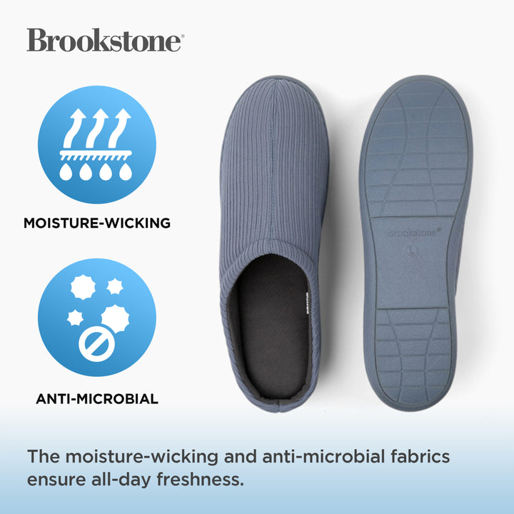 Blue slip-on shoe with moisture-wicking and anti-microbial features on a light blue background, featuring the Brookstone brand.