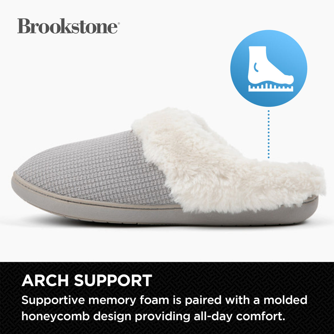 Gray slipper with white fur lining on a white background, featuring Brookstone branding.