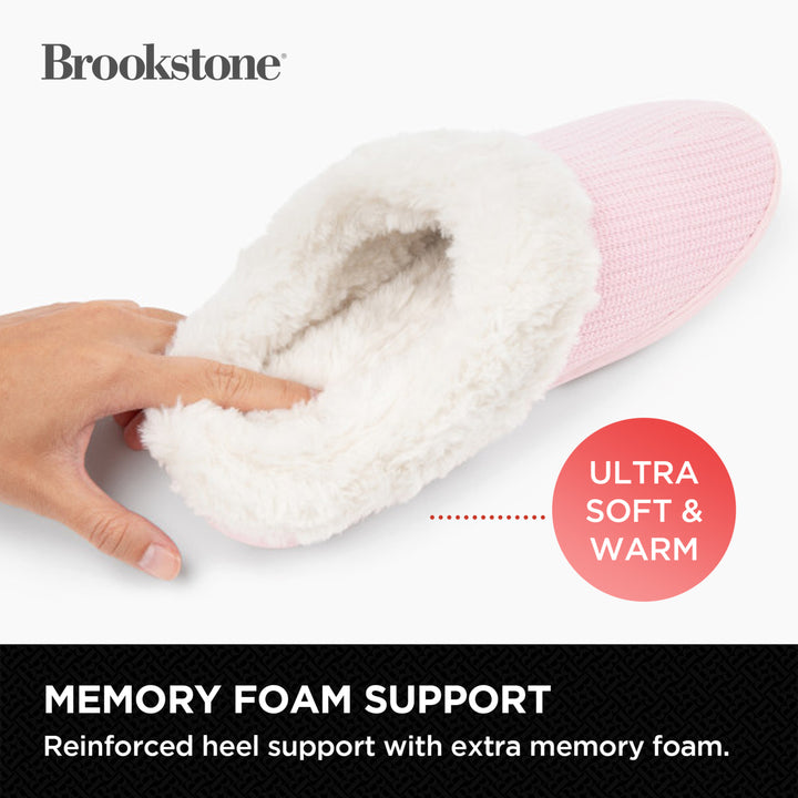 Pink and white slipper with memory foam support, featuring Brookstone branding.