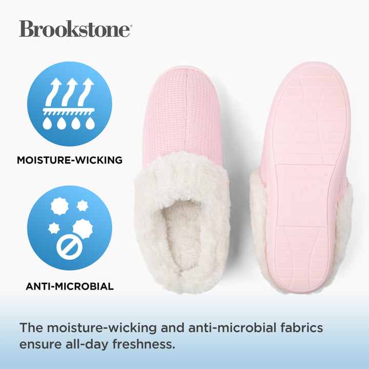 Pink slippers with moisture-wicking and anti-microbial features on a light blue background, featuring the Brookstone brand.