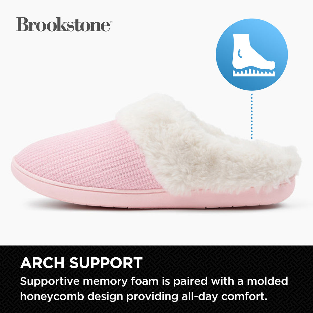 Pink slipper with white fur lining on a white background, featuring Brookstone branding.