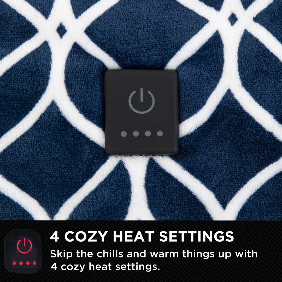 Heating pad with control panel on a blue and white patterned fabric background
