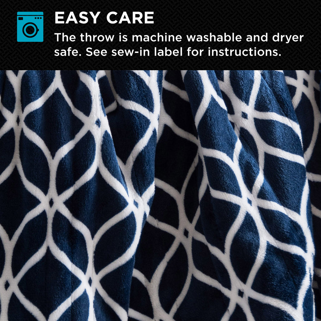 Navy blue throw with white geometric pattern on a black background, featuring care instructions.