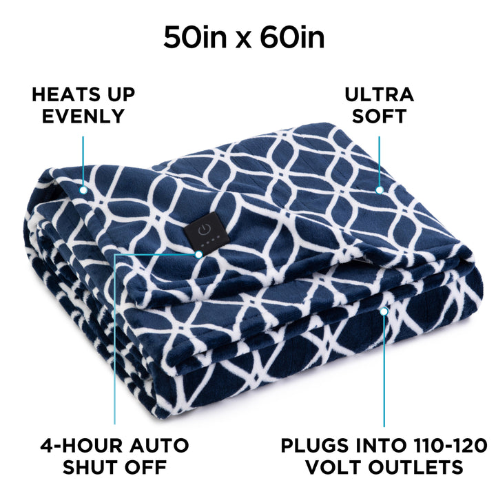 Folded electric blanket with features highlighted on a white background