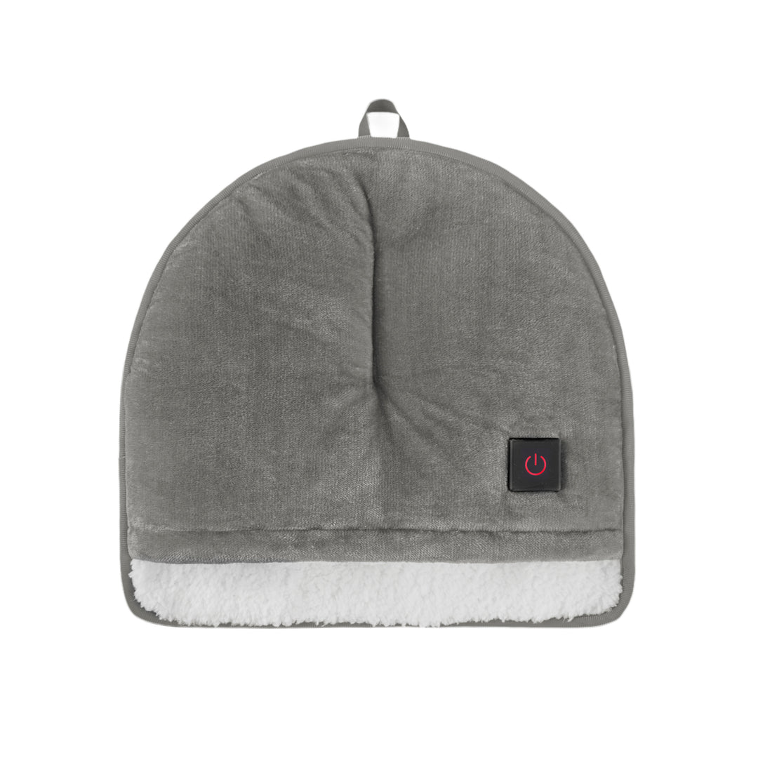 Gray foot warmer with a power symbol on a white background