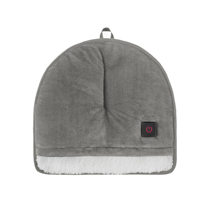 Gray foot warmer with a power symbol on a white background