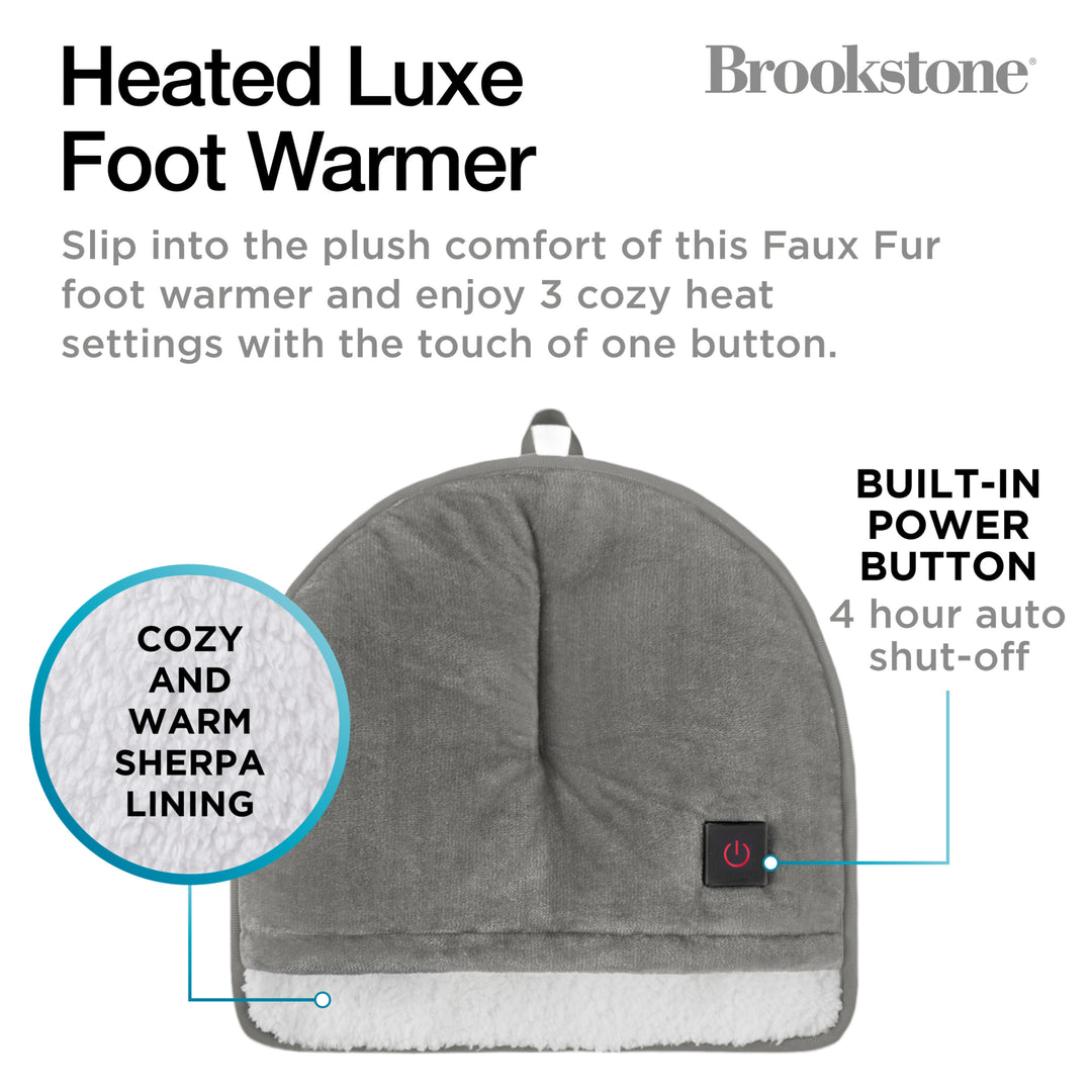 Gray heated foot warmer with text highlighting features on a white background