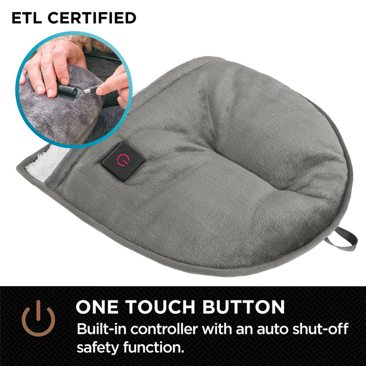 Gray heating pad with one touch button and ETL certification label on a white background