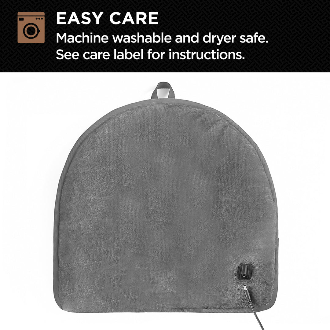 Gray foot warmer with washing instructions on a white background