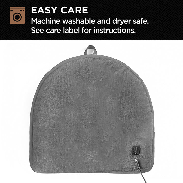 Gray foot warmer with washing instructions on a white background