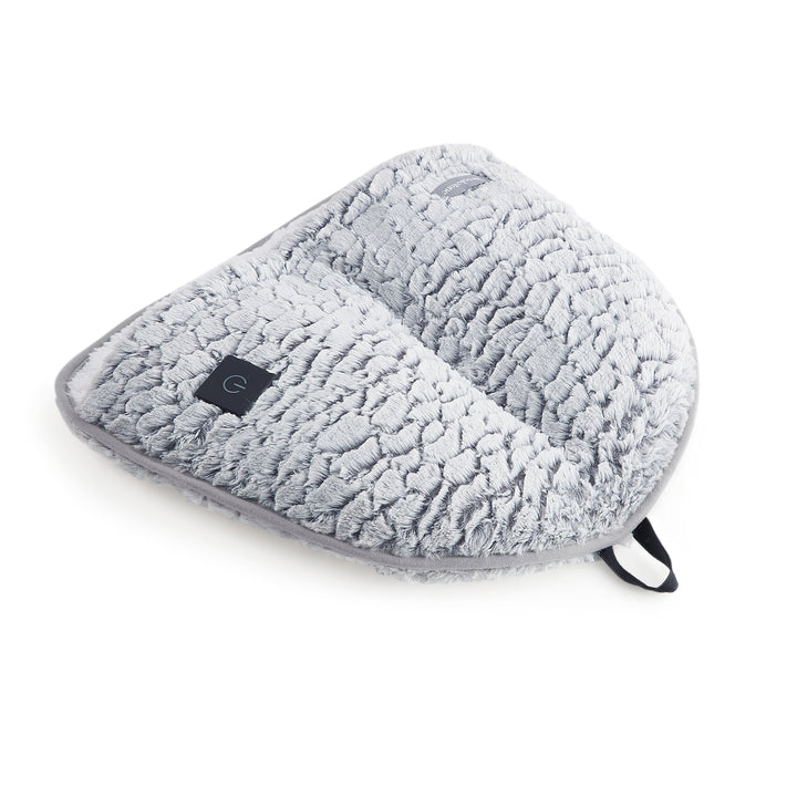 Gray fuzzy foot warmer on a white background