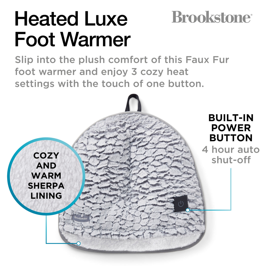 Heated luxe foot warmer with text highlighting features on a white background