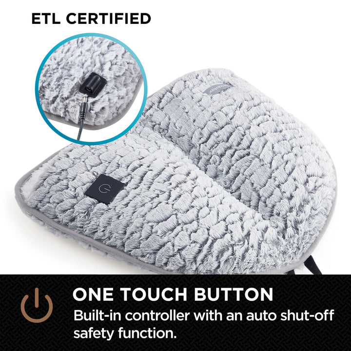 Gray heated slippers with ETL certification and one-touch button feature on a white background.