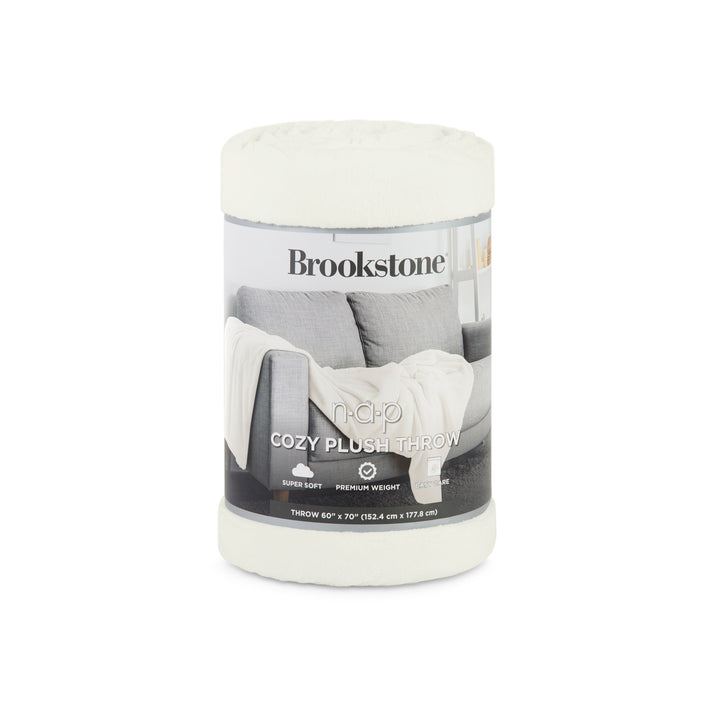 Brookstone cozy plush throw in packaging on a white background