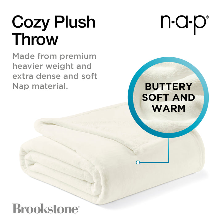 Cozy plush throw blanket with text highlighting its features on a white background