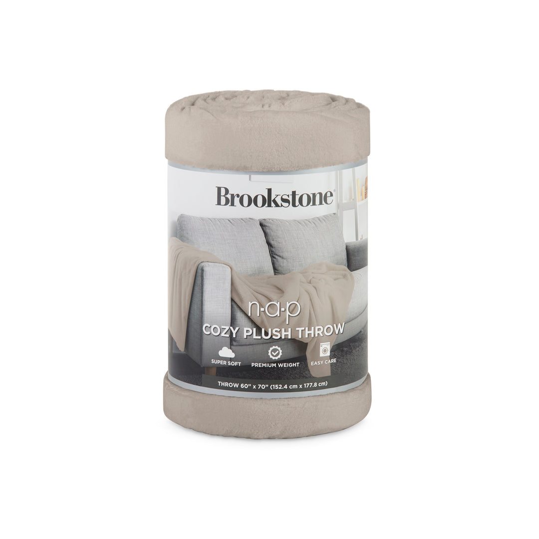 Brookstone cozy plush throw blanket packaging on a white background